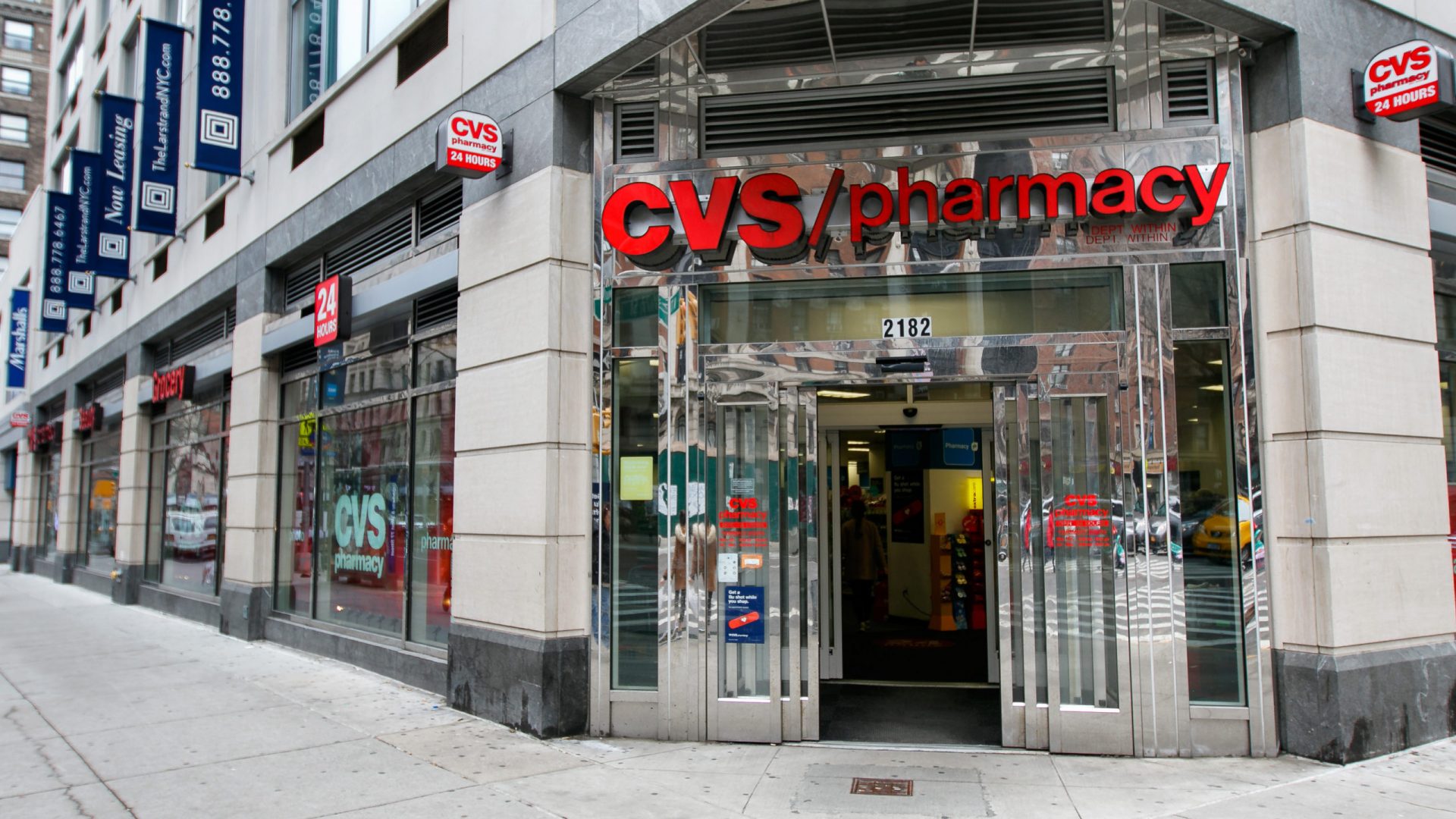 New York, January 21, 2017: Doors are open into a 24 hour CVS pharmacy on Upper West Side in Manhattan.