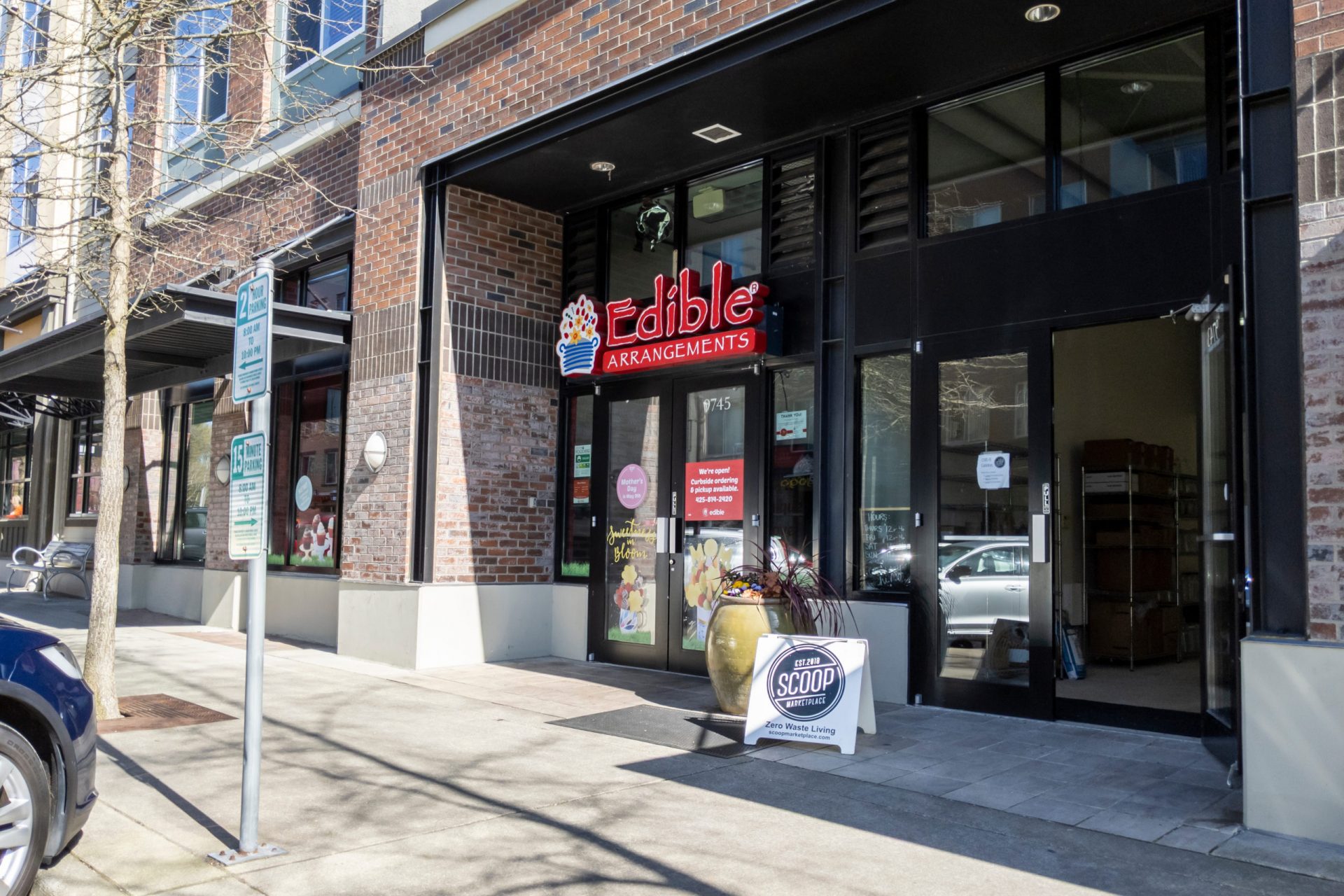 Kirkland, WA USA - circa April 2021: Street view of the exterior of an Edible Arrangements gift shop in a shopping center.